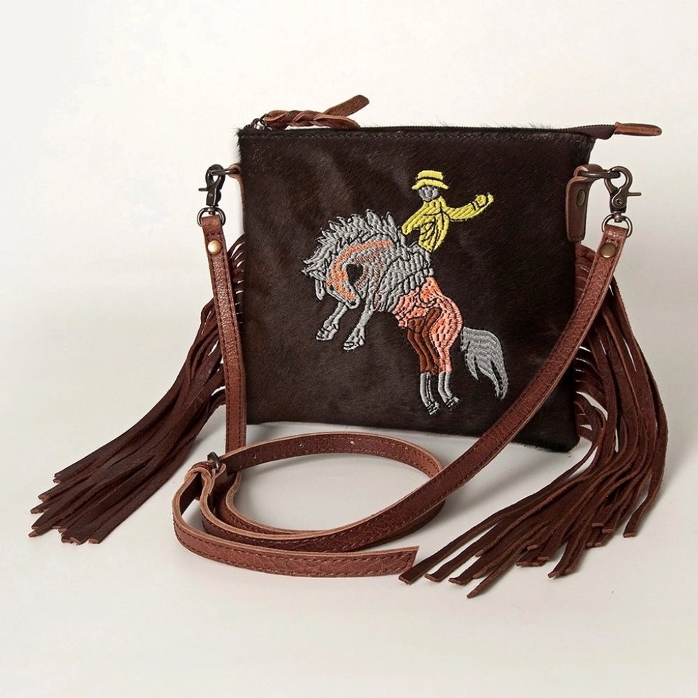 American Darling Hair-On Cowhide Western Leather Small Crossbody Bag with Fringe